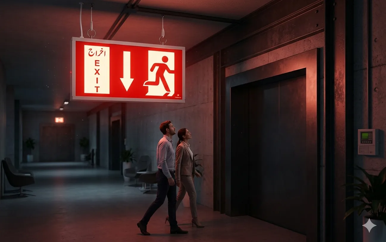 red LED emergency exit sign with Arabic and English text