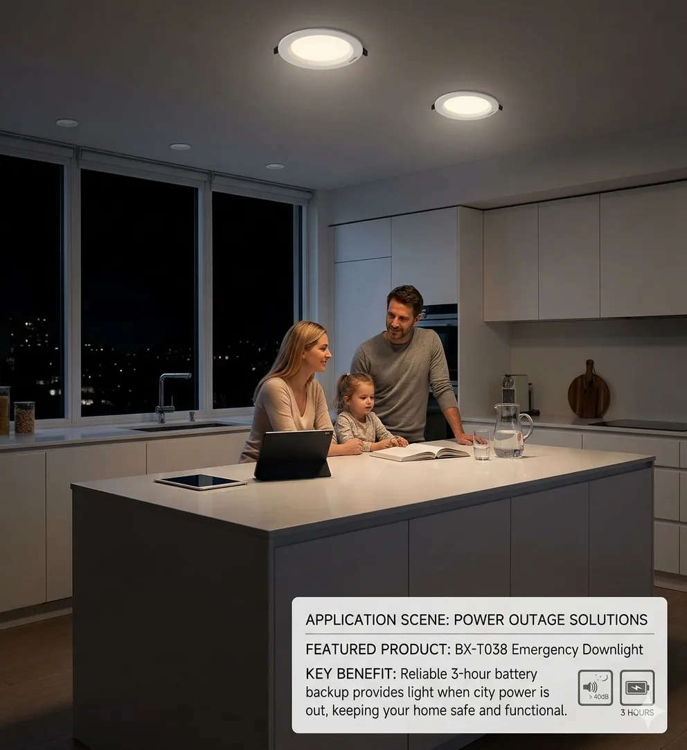 BX-T038 rechargeable emergency LED downlight installed in a modern kitchen ceiling during a power outage.