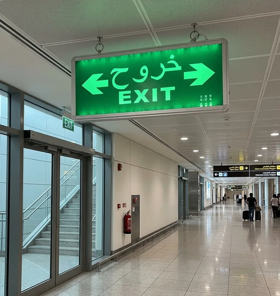Buy BX-B002 LED Emergency Exit Sign. Features English & Arabic text, 3-hour battery backup, 85-265V wide voltage. Ideal safety light for commercial buildings.