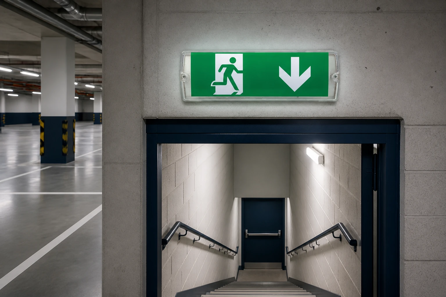 BX-B005 tri-proof LED emergency exit sign installed above a parking garage stairwell