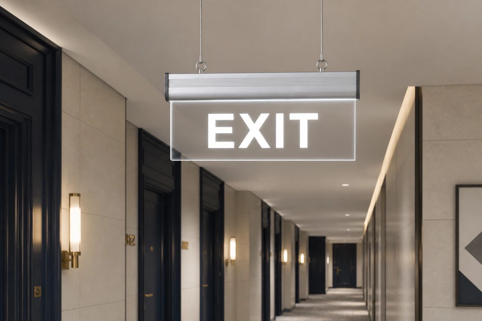 BX-B009 aluminum alloy hanging LED exit sign installed in a modern hotel corridor