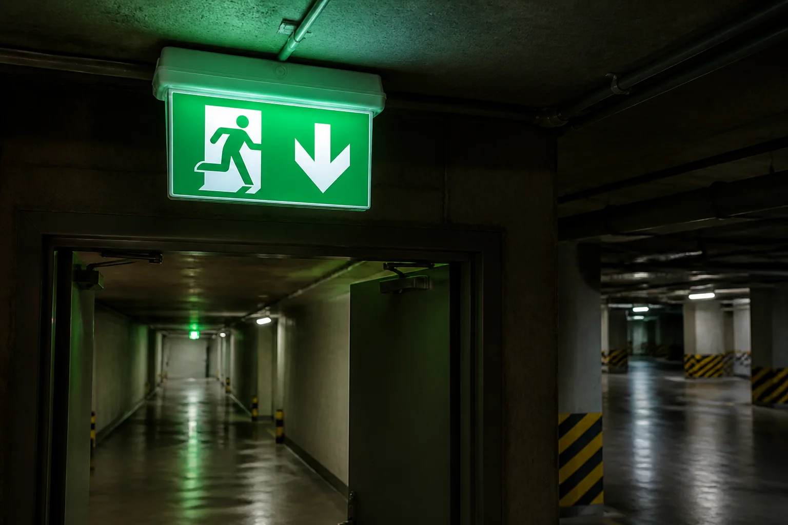 BX-B015 waterproof hanging LED exit sign illuminated in an underground parking garage