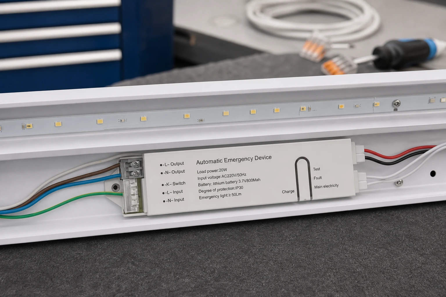 BX-D049 20W LED emergency power supply installed in a commercial LED batten conversion application