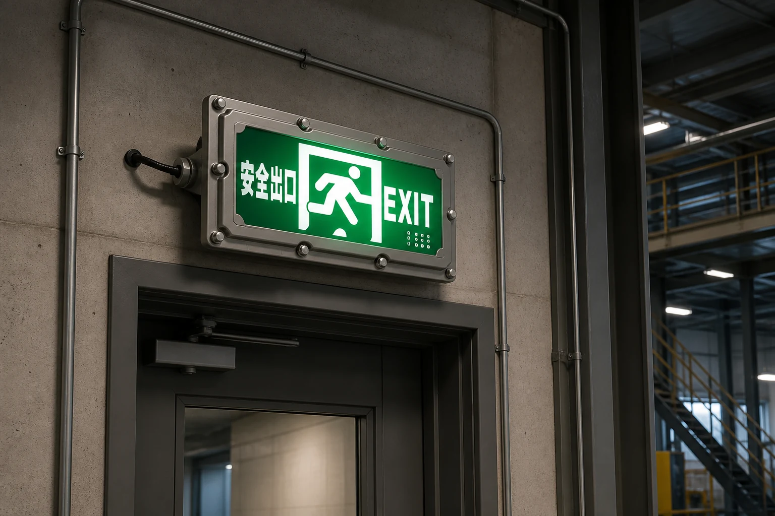 BX-FB047 explosion-proof LED exit sign installed above an industrial facility doorway