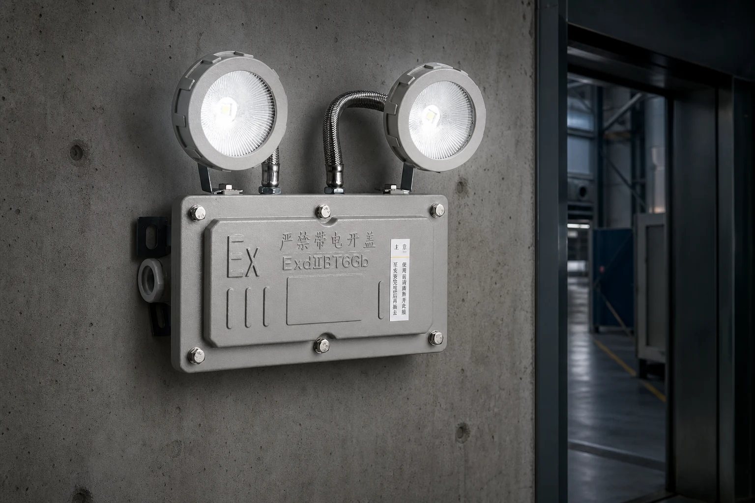 BX-FS048 explosion-proof twin-head emergency light installed in an industrial corridor