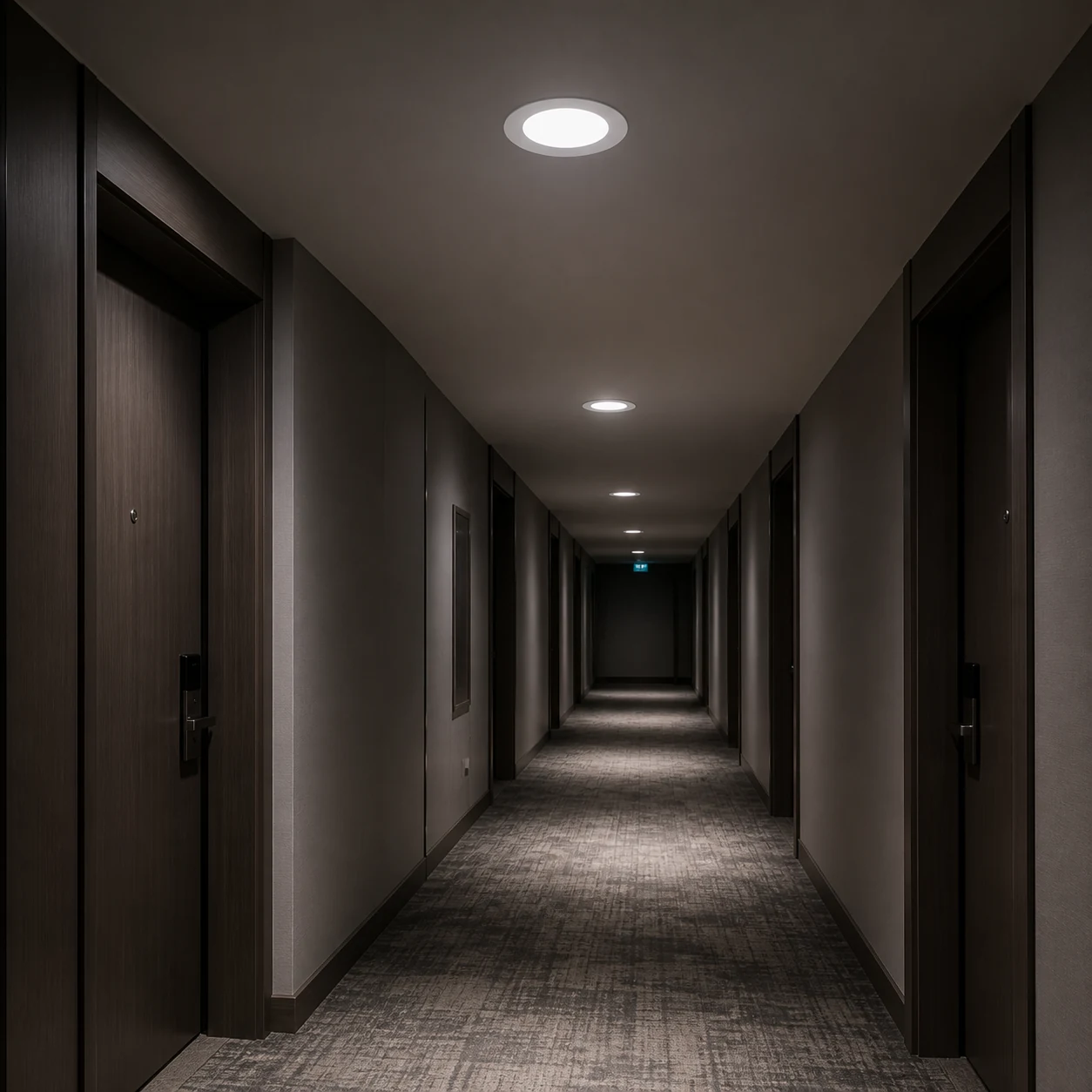 BX-T038 recessed LED emergency downlight illuminating a hotel corridor during a power outage
