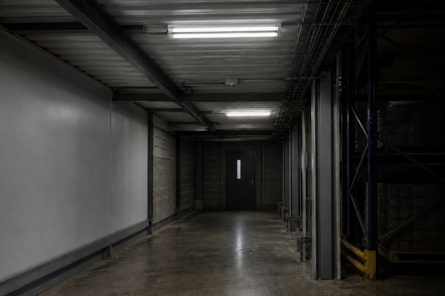 BX-Z041 twin-tube emergency fluorescent batten light installed in a warehouse corridor