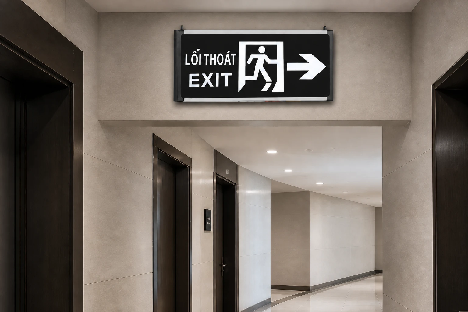 BX-B001 Vietnamese English LED emergency exit sign installed in a commercial corridor