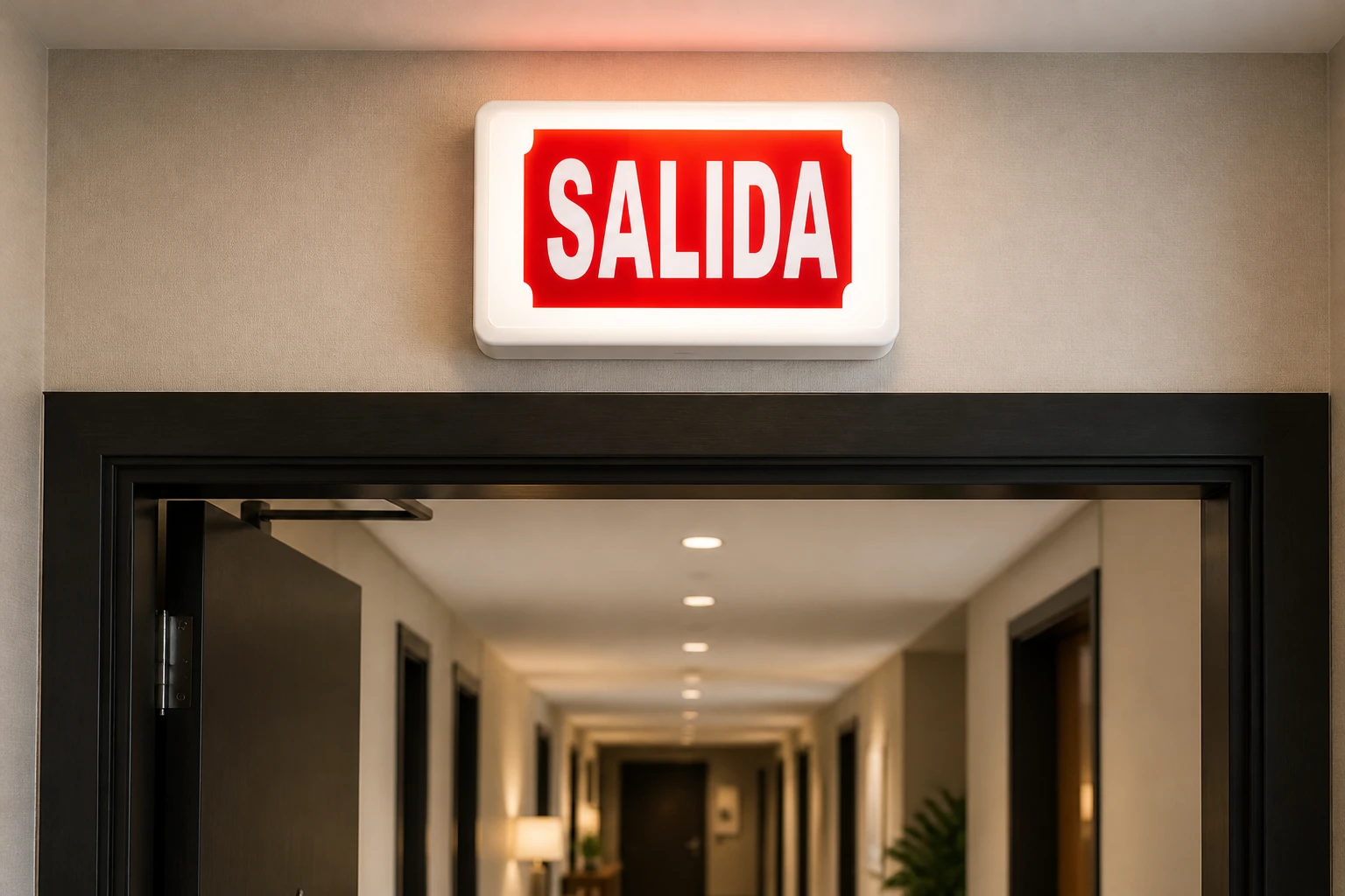 BX-B007 Spanish SALIDA LED emergency exit sign installed above a hotel corridor doorway