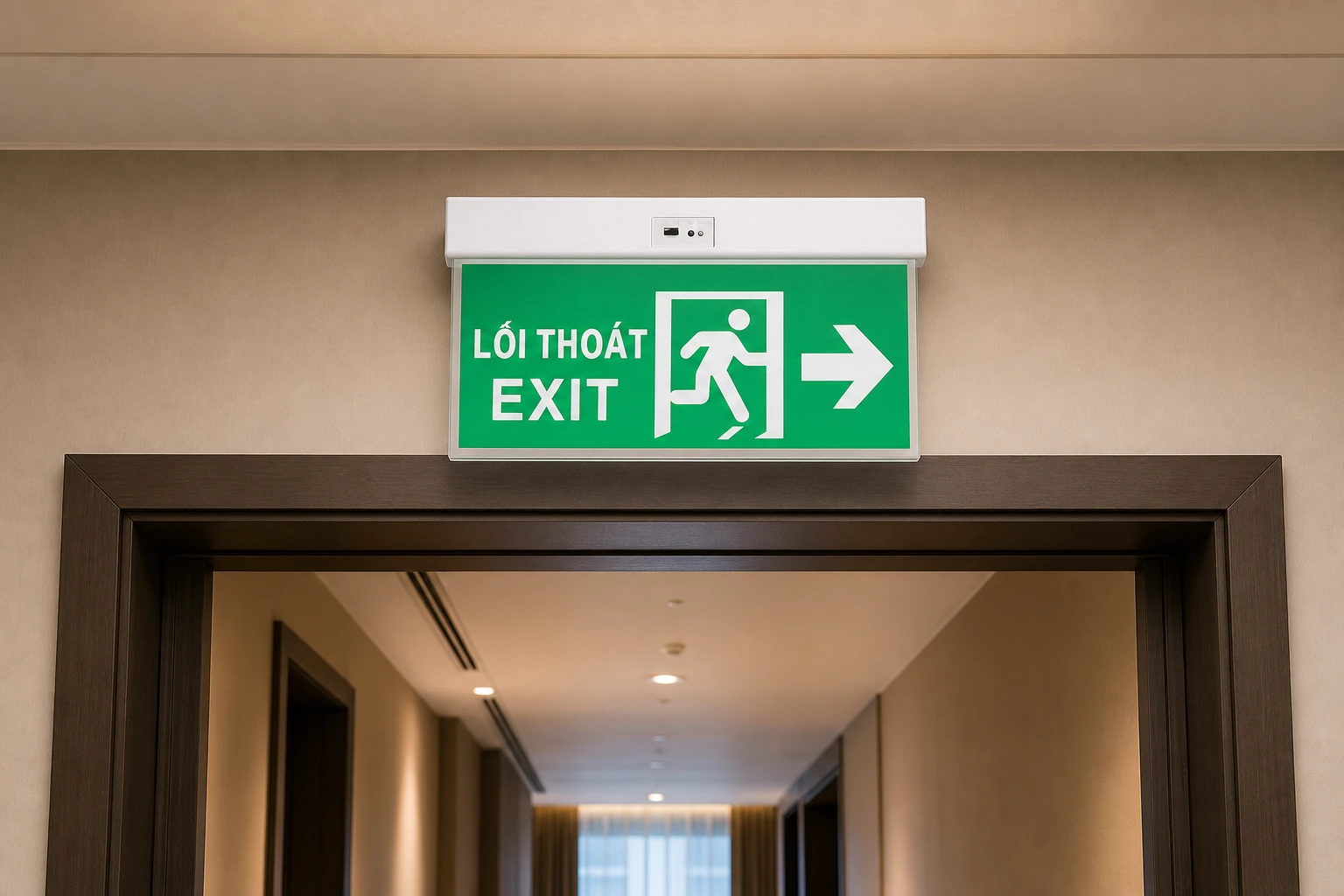 BX-B010 Vietnamese LỐI THOÁT LED exit sign installed above a hotel corridor doorway