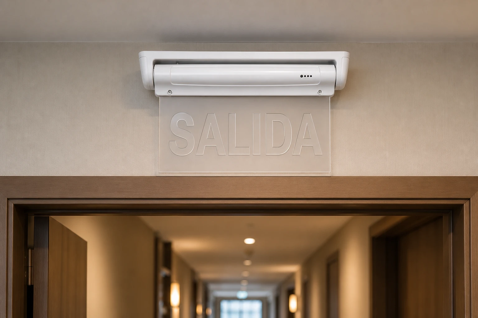 BX-B011 SALIDA acrylic hanging LED exit sign installed above a hotel corridor doorway