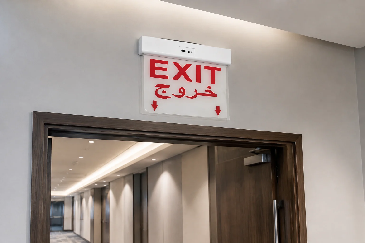 BX-B012 Arabic-English hanging LED exit sign installed above hotel corridor doorway