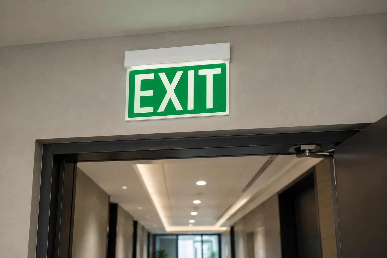 BX-B013 green hanging LED exit sign installed above commercial corridor doorway