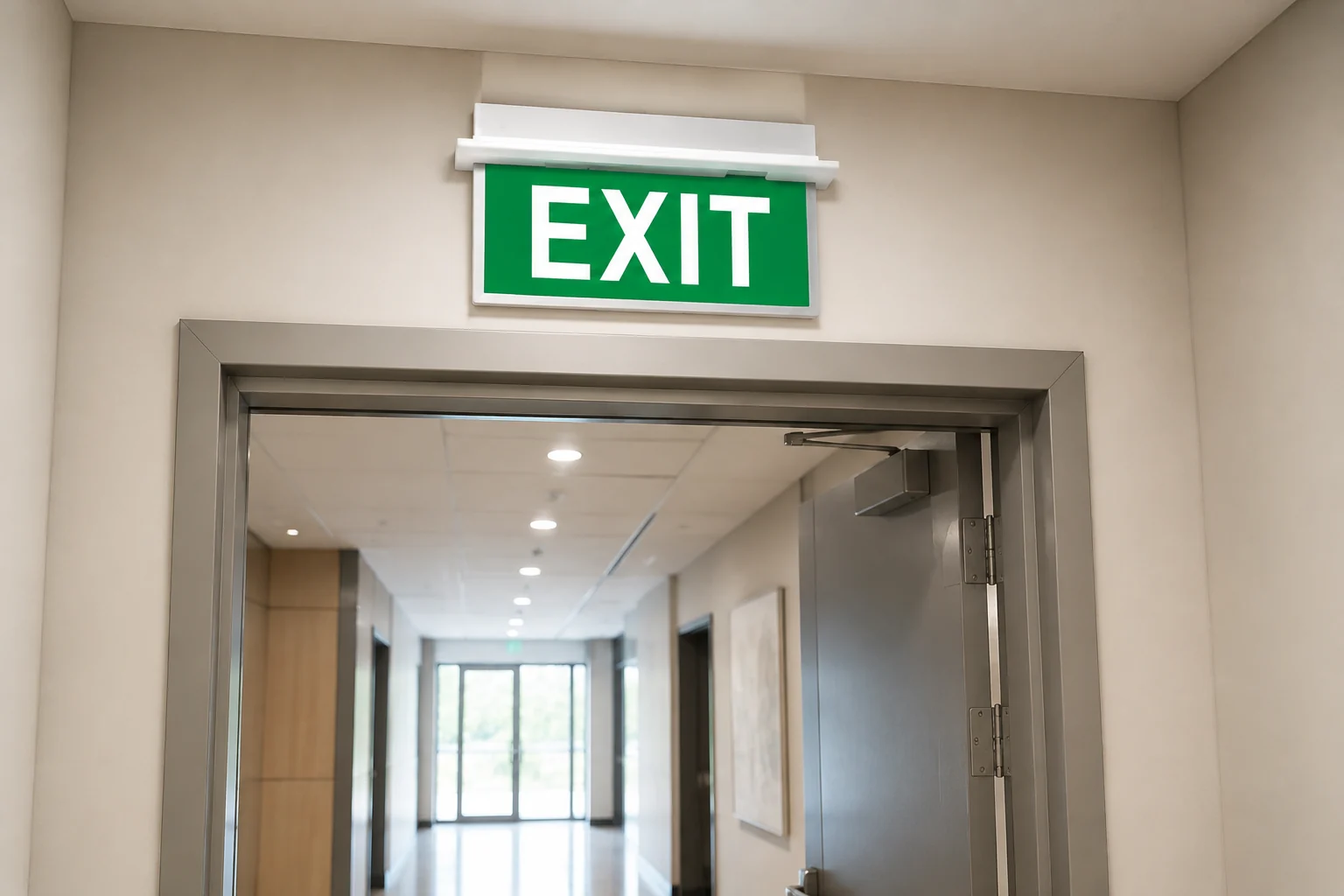BX-B014 green hanging LED exit sign installed above a commercial doorway