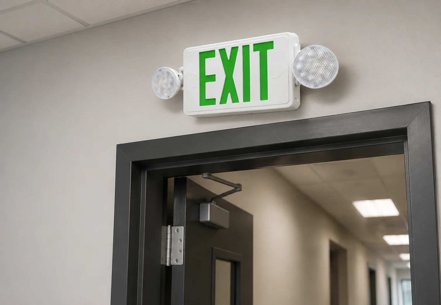 BX-FH017 round-head LED exit sign with twin emergency lamps above a commercial doorway