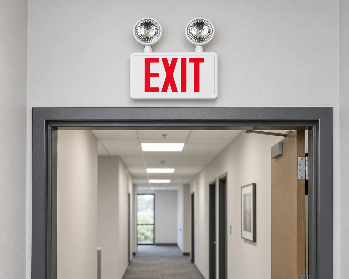 BX-FH018 red exit sign emergency light combo with top-mounted lamps above a commercial doorway