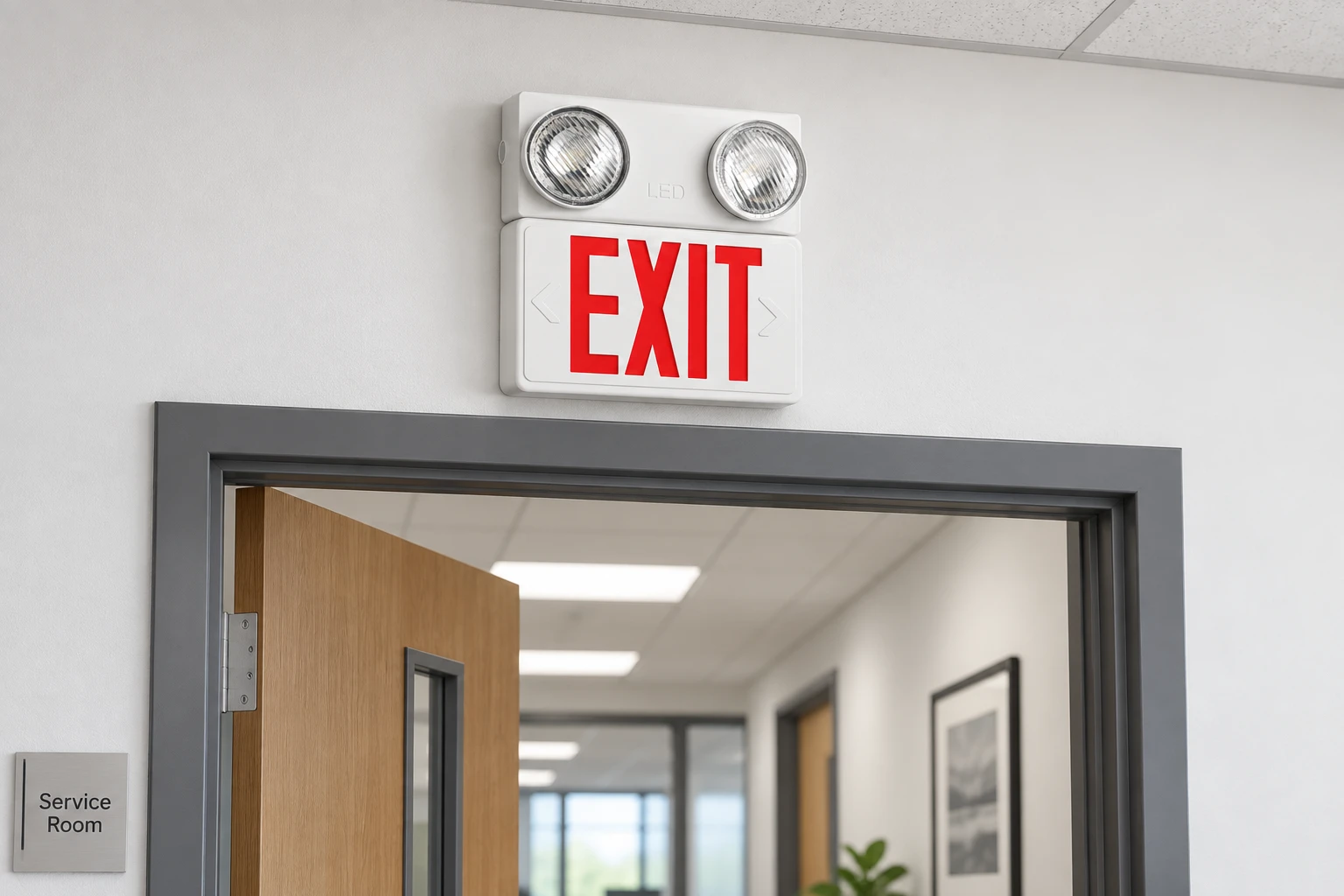 BX-FH019 integrated twin-head red exit sign above a commercial doorway